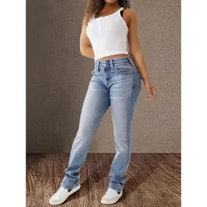 Women's high-waisted stretch jeans-elegant straight design, spandex and polyester blend material, mid-waisted, slant pockets, machine washable, all-match daily for all seasons