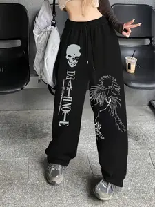 Women's Death Note Oversized Sweatpants, Black Streetwear Joggers with Ryuk & Skull Graphics, Drawstring Casual Pants for Anime Fans & Dark Subculture Style, Perfect for Death Note Enthusiasts & Streetwear Lovers