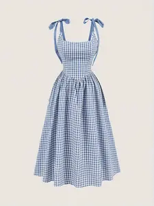 Spring Summer Gingham Strapless Square Neck Dress, Womenswear Retro Style Waist Cinch Long Dress, French Vintage Resort Daily Commute Casual Wear Tea Break Dress