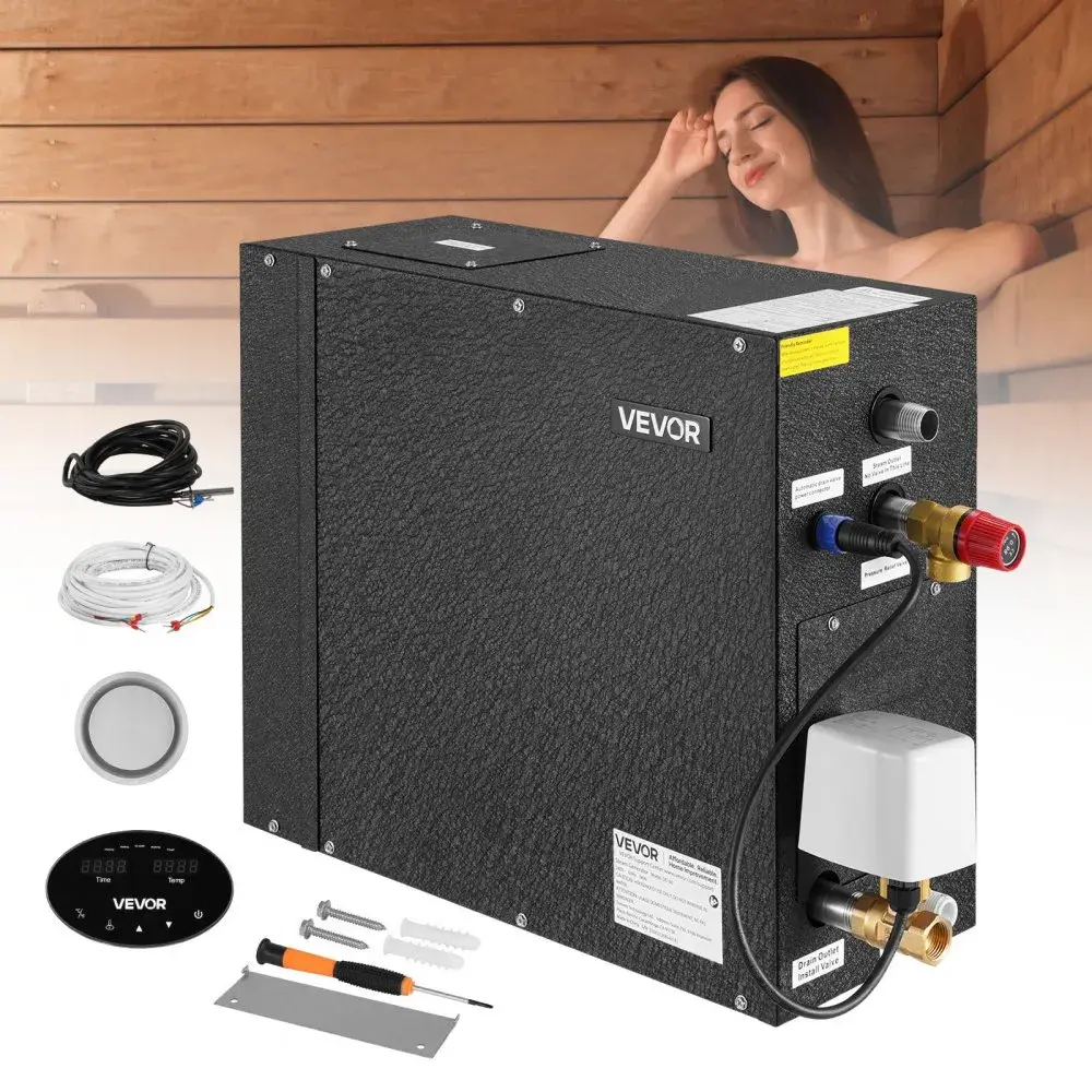【Summerfinds】VEVOR 6 kW Portable Sauna Steam Generator with Controller - Install-Ready Home & Commercial System, Auto Drain Kit, Overheat/Dry-Run/Overpressure Protection, 10 Min-24h Efficiency, Black, Indoor Sauna