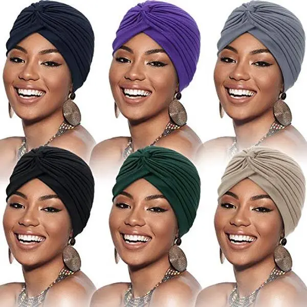 6 Pieces Stretchy Beanie Turbans For Women Soft Pre Tied Knot Chemo Turban Head Wraps Sleep Hats  Colors