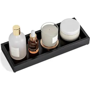 Bathroom Vanity Tray Black Decorative Tray for Counter, 11.2"x 4.3" Small Wood Sink Soap Tray Holder for Kitchen, Dresser Countertop Decor Rectangle Wooden Organizer, Black,Car Interior Accessories Silicone Table Gift Pad Smooth