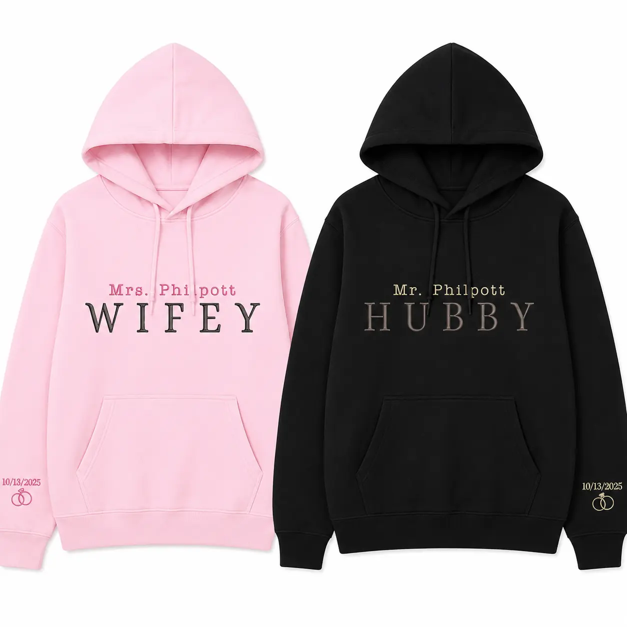 Custom Couple Matching Hubby and Wifey Embroidered Hoodie – Personalized Hoodie With Name Date, Anniversary Gift, Valentines Day Gift for Her