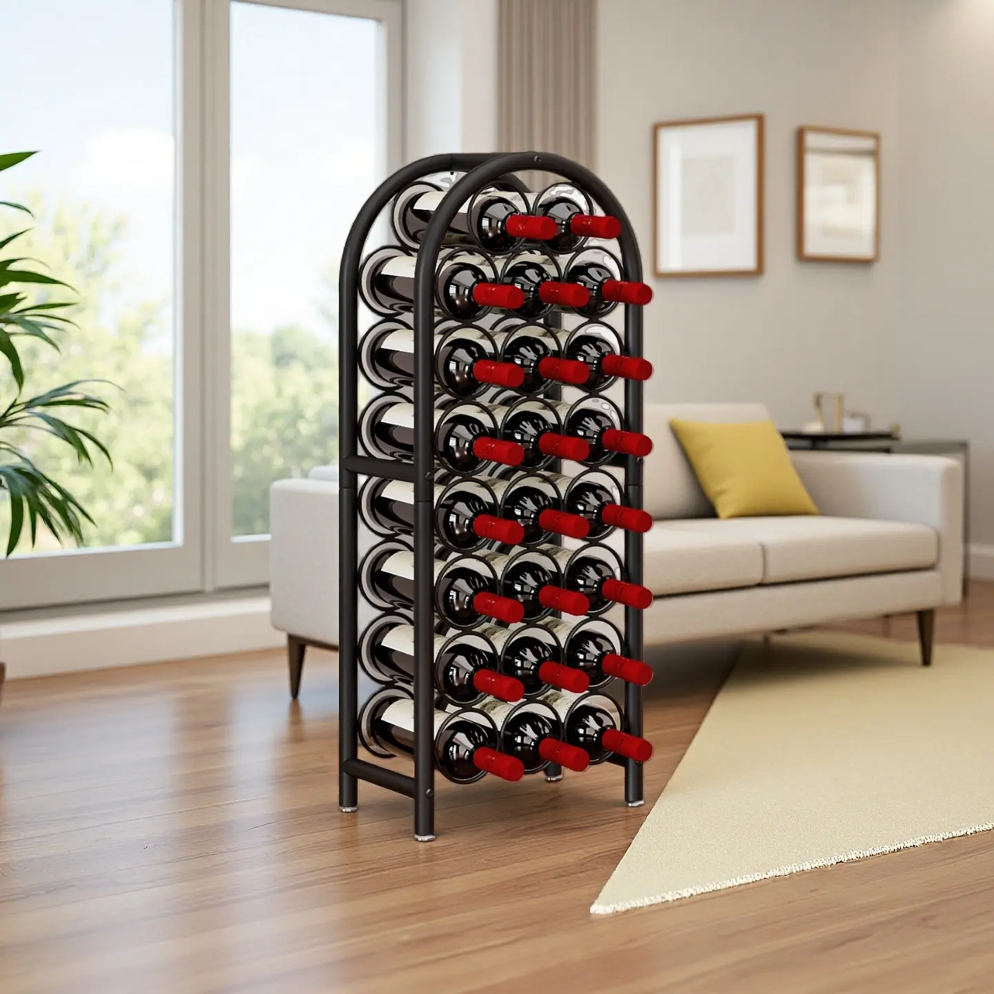 SUOERNUO Freestanding Metal Wine Rack 23 Bottles Capacity with Adjustable Foot Pad & 5 Pillars for Stability Space-saving Organizer for Bar Wine Cellar Kitchen Liquor Cabinet Freestanding Hutch Cabinet Freestanding Kitchen Cupboard, Metal Frame