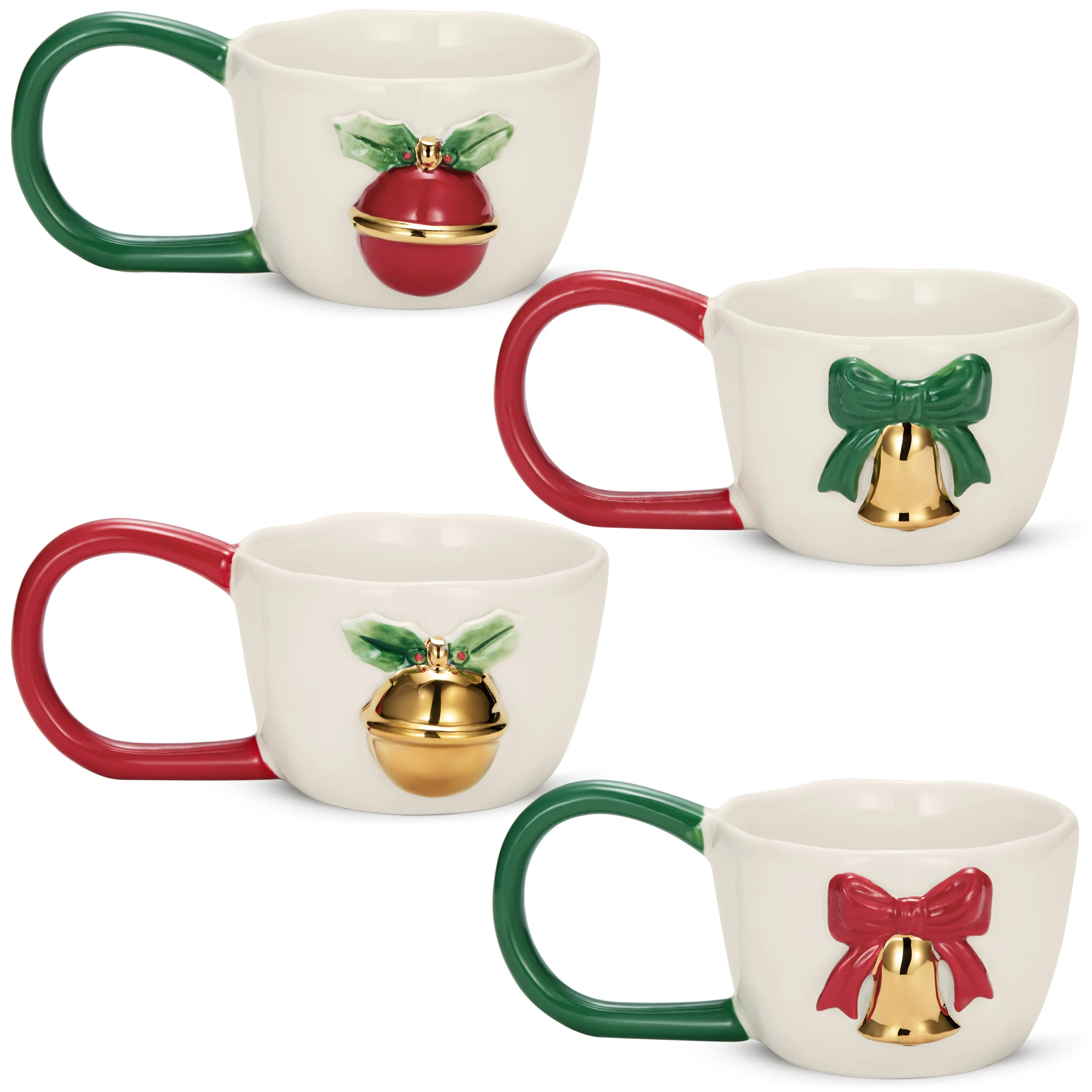 Colorful Ceramic Christmas Coffee Mugs with Decorative Handles - 4-Piece Holiday Collection, Cup Set with Gift-Ready Packaging