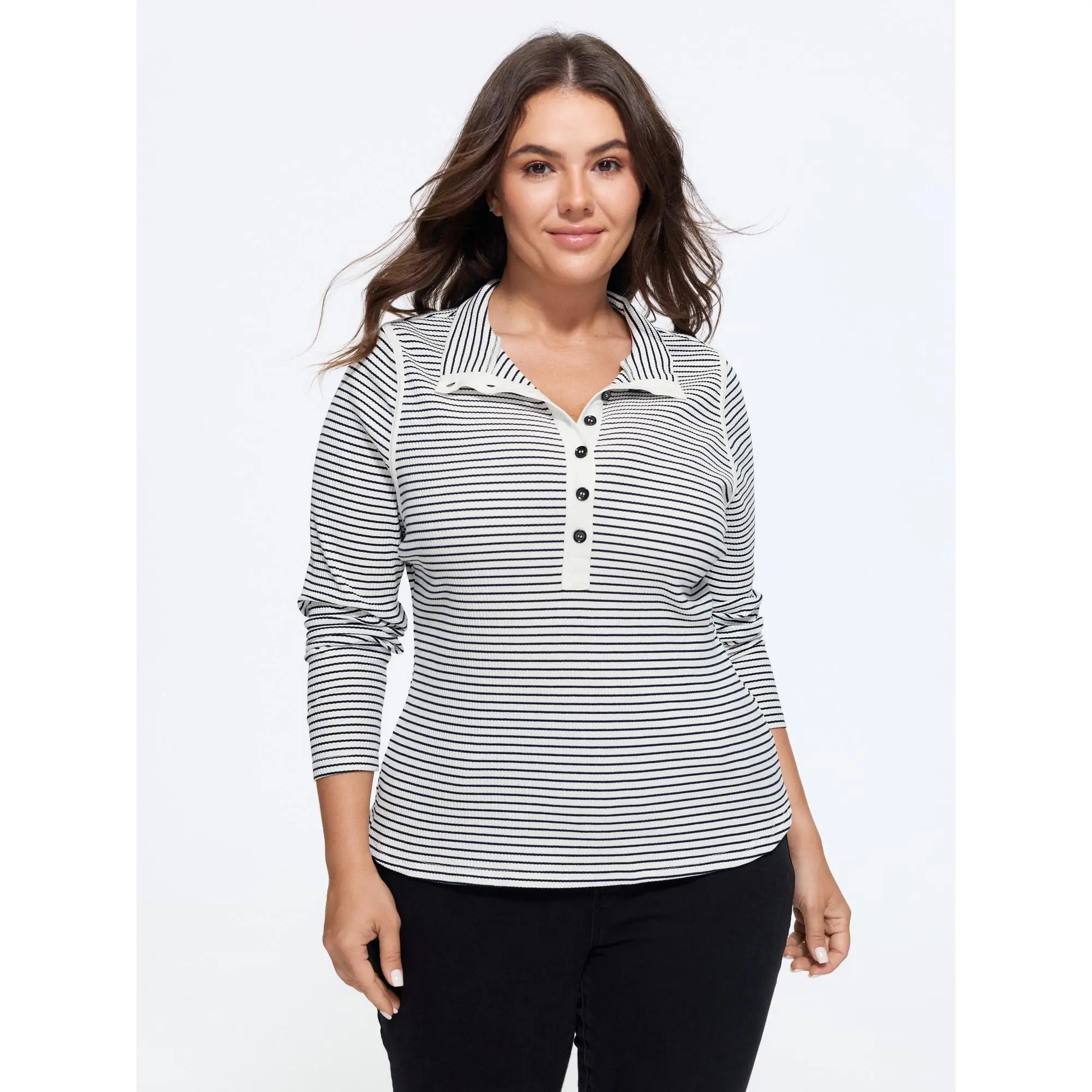 BLOOMCHIC Women's Plus Size Cotton Spandex Fabric Collared Polo T-Shirt - Stretchy, Button-Front, 2026 Summer Garment, Flattering Fit, M-6X, Long Sleeve,clothes for back to school,first day of school outfits,Back To School,Fall Pick, Spotlight Day