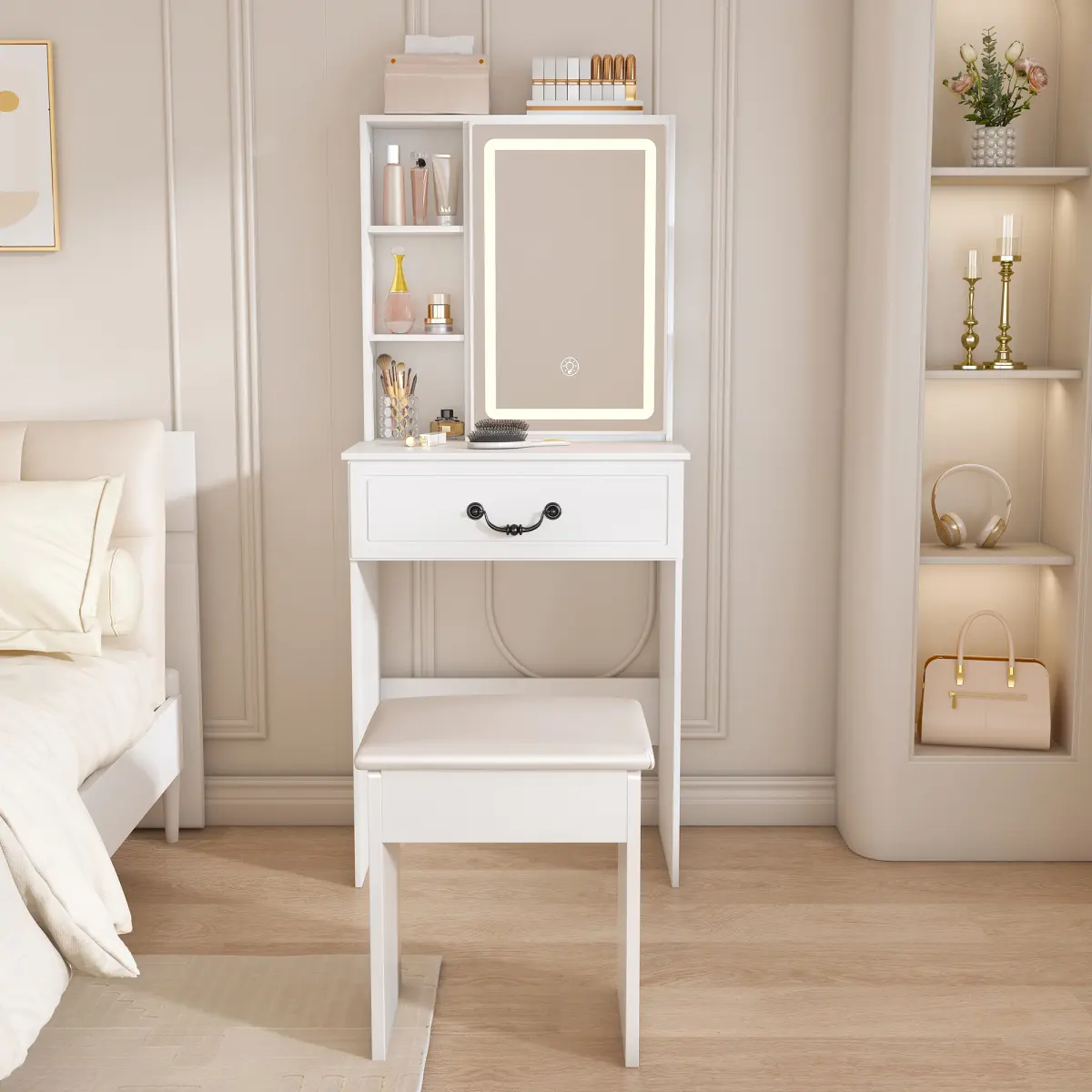 Durable White Modern Mini Vanity Makeup Table Complete Set - LED Vanity Dresser with Built-in LED Mirror, Hidden Storage, Padded Stool, Adjustable Brightness, Multi-Tier Dust-Proof Shelves, Quick Setup, 23.62 x 14.17 x 53.94 inches, 42.99 lbs
