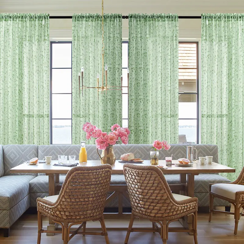4-Panel Leaf Print Breathable Sheer Curtains with Rod Pocket Top, Green Leaves Pattern, Light-Filtering, UV-Blocking, Hazy Privacy Divider for Living Room, Bedroom, Floor-Length, Four Panels