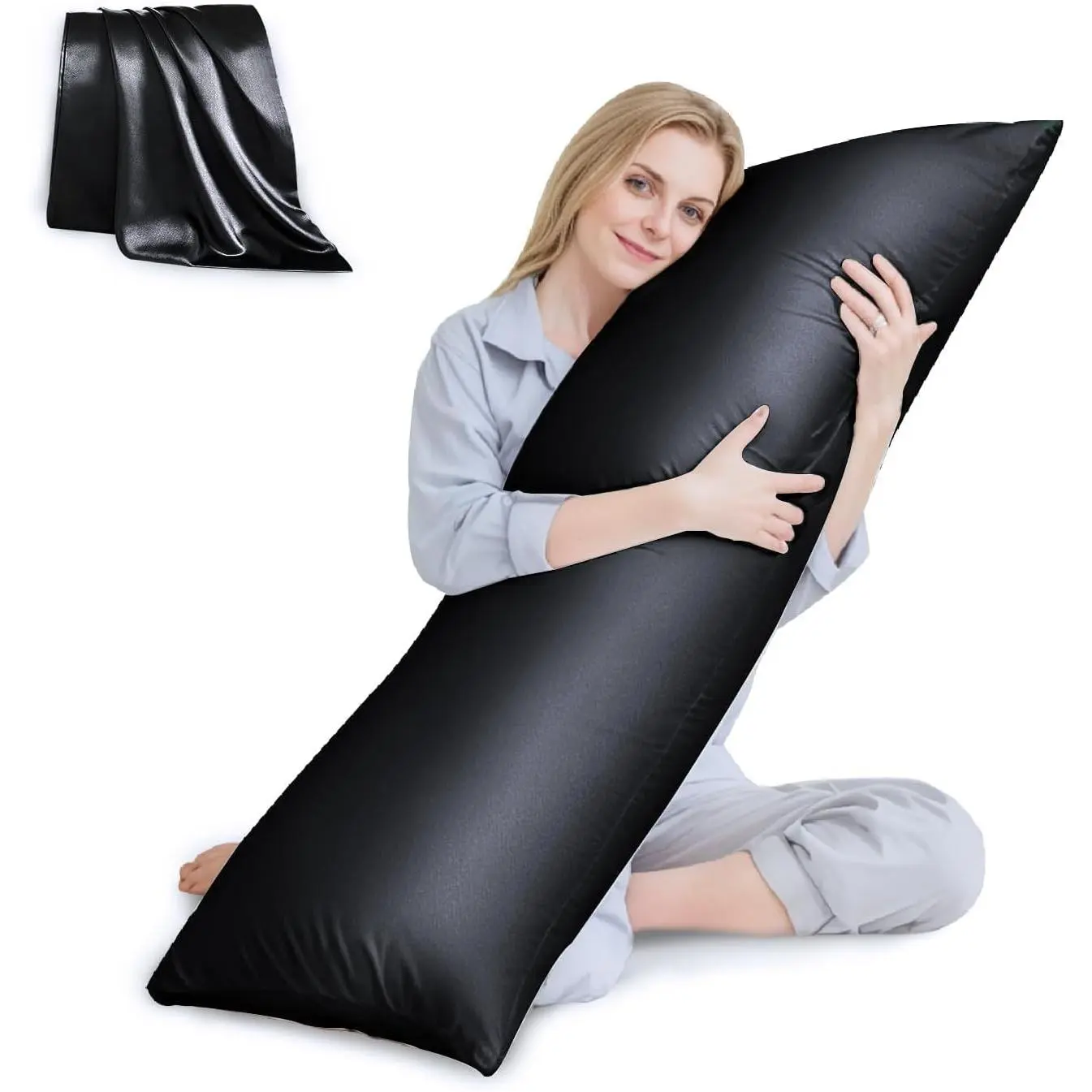 Pillow with Satin Pillowcase, Cooling  Pillow for Adults, Removable Cover, Black (20"x54")