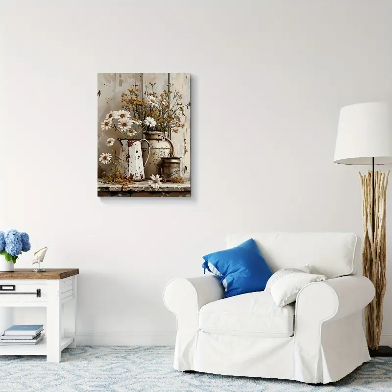 Vintage Farmhouse Daisy Floral Canvas Wall Art Photo - Lightweight, Artistic Rustic Still Life Flower Print, Minimalist Shabby Chic Neutral Wood Room Decoration, Unframed or Framed, Ideal Home Decor Gift