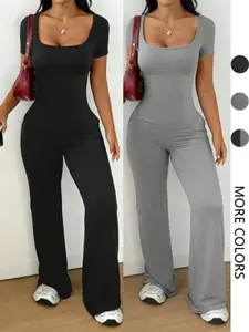 Women's Short Sleeve Long Pants Jumpsuit, Solid Color High Waist Comfortable with Pockets, Casual Loose Fit for All Seasons