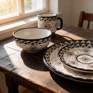 4-Piece Handmade Stoneware Ceramic Pottery Tableware Set, Including Plates, Bowls, and Mugs for Kitchen Dining