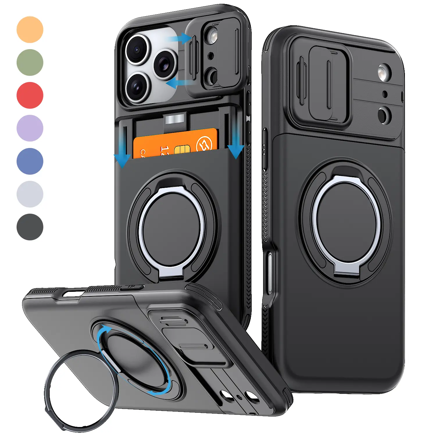 Multi-Model Kickstand Case for iPhone 13-17 Pro Max Series, Built-in Card Slot, Adjustable Ring Holder, Sliding Full Lens Protection Cover, Drop-Resistant Shockproof Full Cover Case