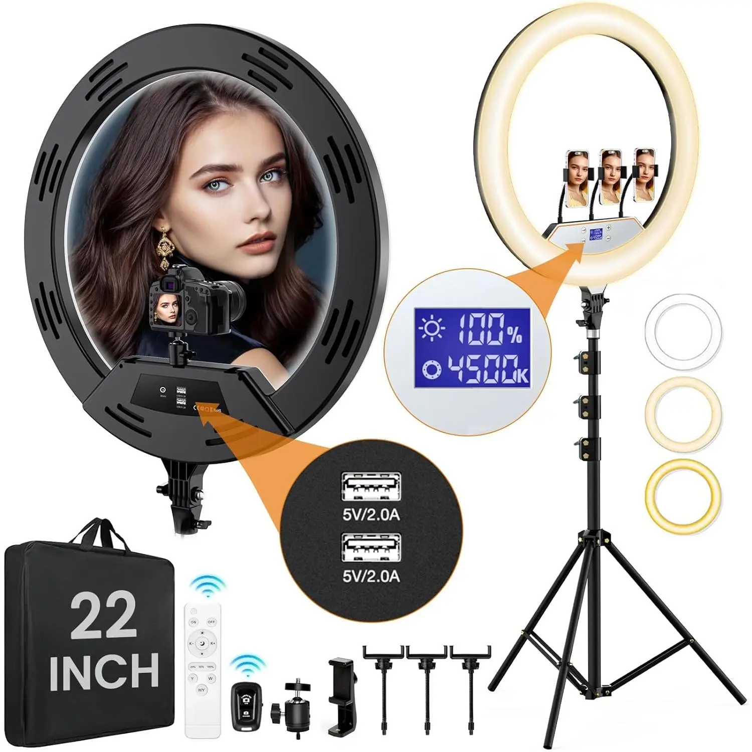 22in Large Ring Light with Stand,512pcs Bulbs Big Ring Light with 75" Tripod for /LED Display/4 Clips/2 USB Ports,2600K-6500K Dimmable Barber Light,for  Video Recording  Lash Makeup