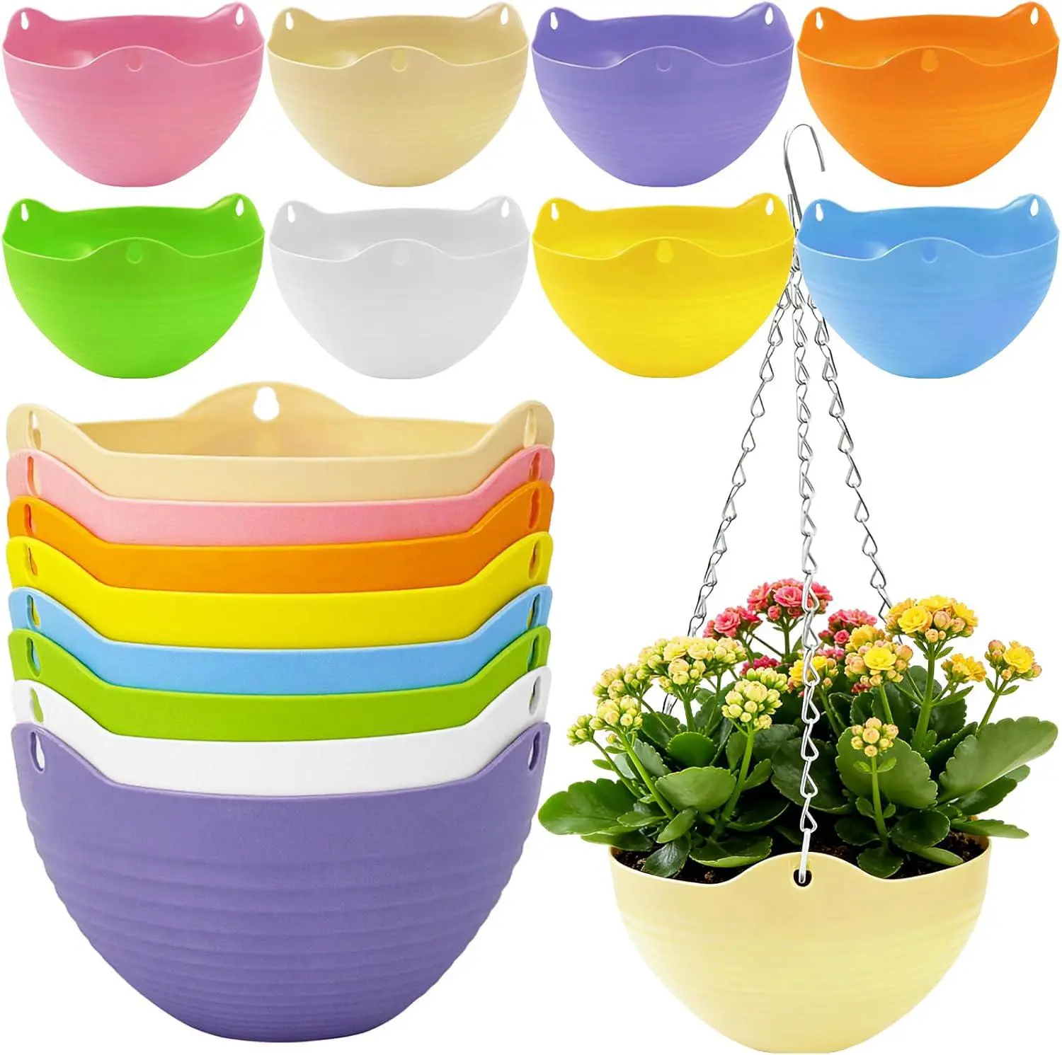 8 Pack Multicolor Hanging Planter Pots, Round Hanging Basket Pot for Indoor Outdoor Garden, Home Decor, with Water Tray Metal Chain