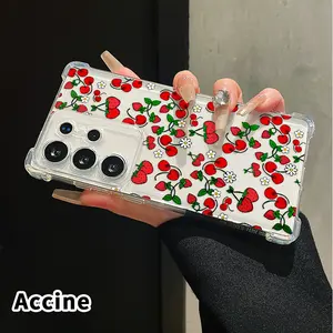 Phone Case for Samsung Galaxy S25 S24 S23 Plus FE S22 Ultra Cherry Strawberry Blooms Pattern Anti-drop Durable Total Protective Anti-Yellowing Shockproof Transparent Cover Casing