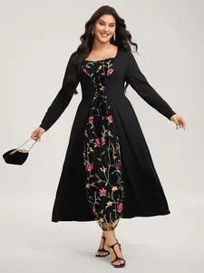 BLOOMCHIC Floral Waist-Tie Contrast Maxi Dress - Black Formal Square Neck Long Sleeve with Side Seam Pocket & Belt 2026 Spring Break Gift For Easter's Day Mother's Day
