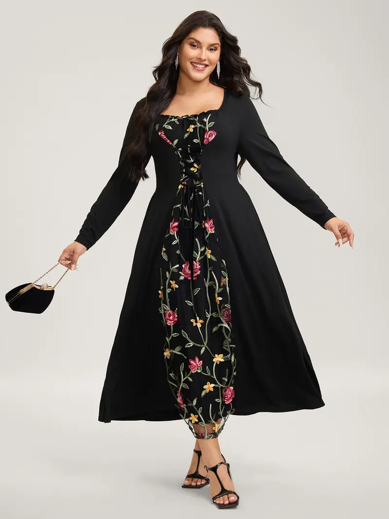 next black embroidered dress Little Black Dress Thread Embroidery Maxi by Maxim Creation M / 56 Inches / Matching Embroidered Scarf (24 X 71 Inches)