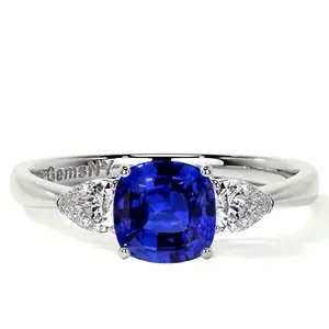 Square Cushion Untreated Blue Sapphire Three Stone Ring With Pear Shape Side Diamonds (1.54cttw)- RBS061-6X6-AAAAA