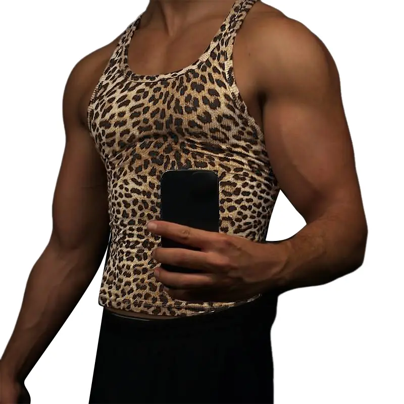 INCERUN Men's Classic Breathable Leopard Print Sleeveless Slim-Fit Muscle Tank Top - Menswear Undershirt, Ideal for Gym & Club Use (Pairs with Men's Leather Jackets)