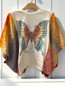 Women's Crew Neck Butterfly Graphic Oversized Top - Chic Boho Patchwork Batwing Sleeve Comfortable Blouse, Trending Clothes for Spring Summer Festival Boho Outfits, Cute Tops for Women,summervibes tiktokshopspringglowup