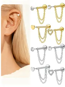 Stainless Steel Cz Cube Earrings, 20g Push-Back Studs, Heart Chain Design, Unisex Cartilage Ear Pins, Fashionable Jewelry Gift, Heart Shaped Earrings, Heart Shape Earrings