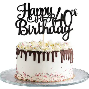 1 PCS Happy 40th Birthday Cake Topper Glitter Cheers to 40 Years Birthday Cake Pick 40 Fabulous Cake Decoration for Happy 40th Birthday Anniversary Party Decorations Supplies Black