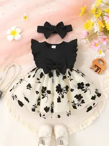 2-piece Soft Comfortable Baby Girl Bow Decoration Set with Ruffle Edge Splicing Floral Embroidery Mesh Princess Dress & Headband Outfit Infant