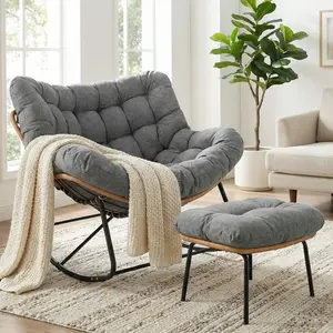 Arlopu Outdoor Papasan Rocking Chair with Ottoman, Oversized Padded Lounge Rocker with Cushion, Comfy Wicker Egg Lounge Chair, Large Indoor Rocking Recliner for Living Room/Porch/Garden patio furniture