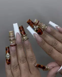 Tortoiseshell and White Sculpted Press On Nails Handmade Gold Accent Design Nail Set Gif For Her
