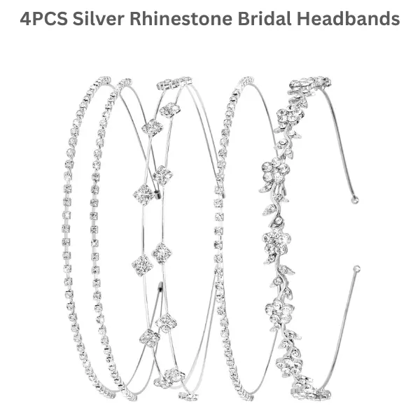 4PCS Silver Rhinestone Bridal Headbands, Crystal Wedding Tiara Crown Hair Accessories for Bride Prom Girls Summer Gift