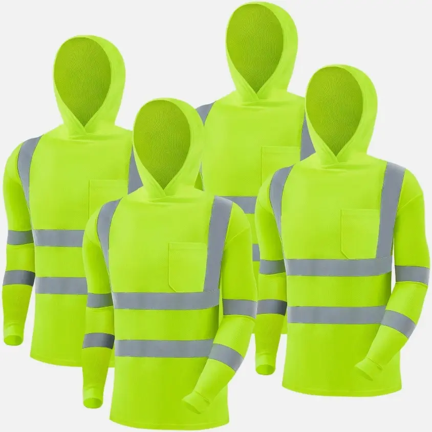 Hooded Long-Sleeve Safety Shirt with Reflective Tape, Dry Fit Material (2 or 4 Pack, 3 Colors: Lime, Orange, Black) – Work Safety Gear, Construction Gear