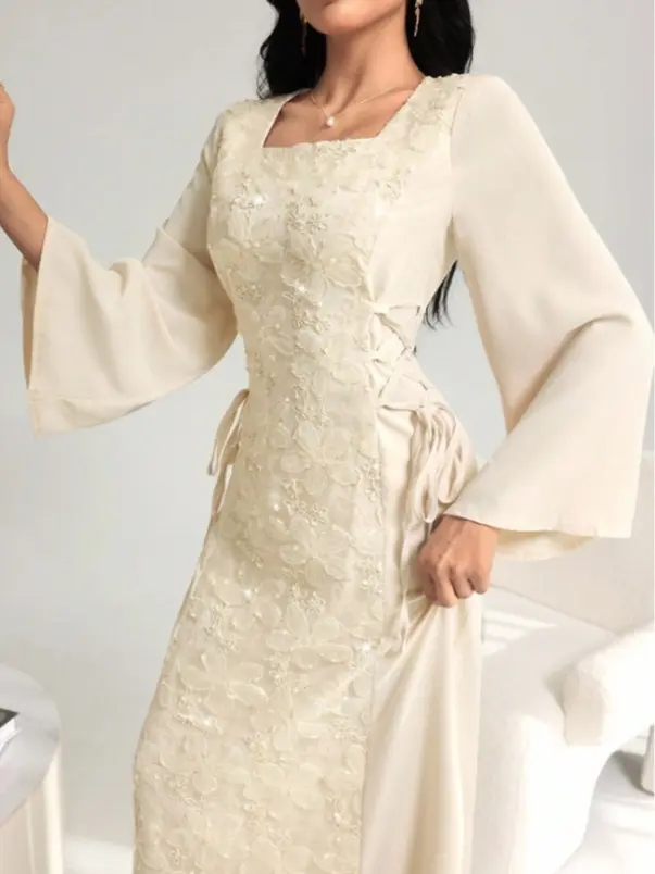 Women's Elegant Square Neck Patchwork Embroidered Cinched Waist Waist Dress, Spring/Summer Modest Dress For Women Baby Blue Elegant Dress