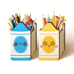 2Pcs Pencil Holder Wooden Pencil Dispenser, Crayon Shape, Cute Expression Pen Holders Back to School Dispenser Storage Organizer for Classroom Office Desk