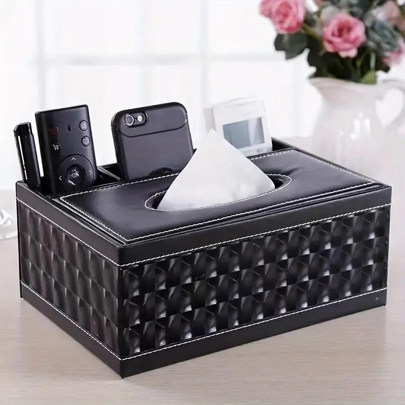 Tissue Box with Remote Control Holder, Multi-functional Organizer for Living Room Decor, Stylish Synthetic Faux Leather Design with Multiple Compartments, Bathroom Counter Organizer, Bathroom Organization, Bathroom Organizing Accessories