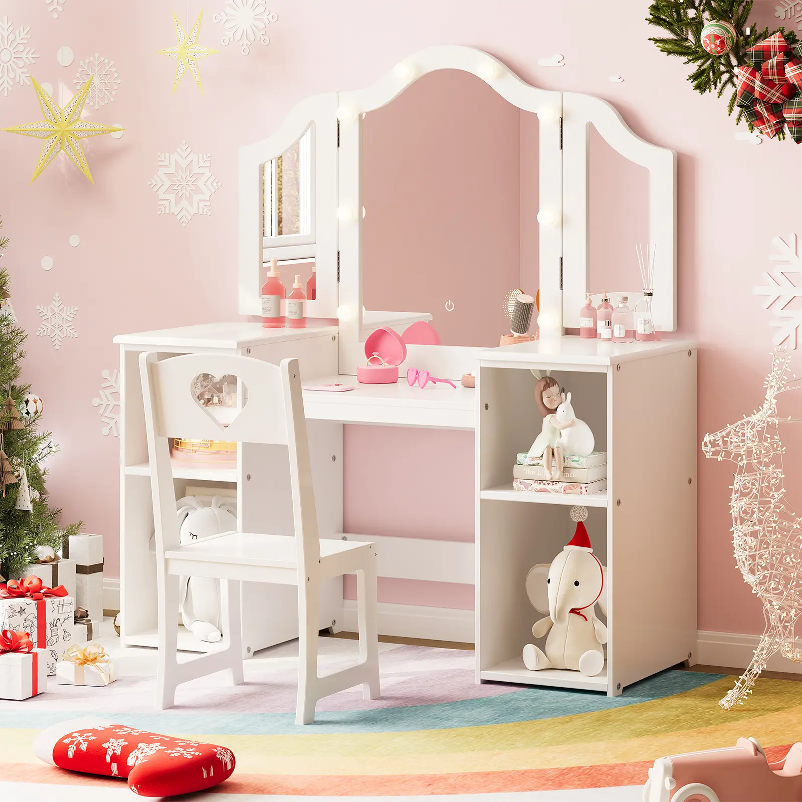 Pink Vanity Desk Makeup Vanities - Princess Style 2-in-1 Kids Set with Chair, Lighted Adjustable Mirror, Detachable Top, Open Bookshelf + Shelves, Storage Cabinet, Child-Safe MDF, Full Body View