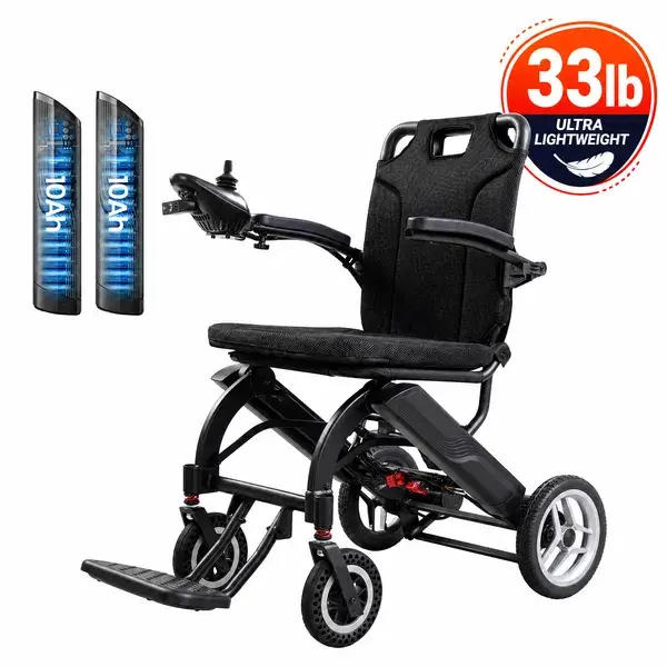 Battery Operated Folding Wheelchair - 33LBS Portable Electric Chair with Dual Swappable Batteries, 30Mi Range, 18-in Wide Breathable Fabric Seat, 10" Rear Tires for Extended Mobility & Travel Use