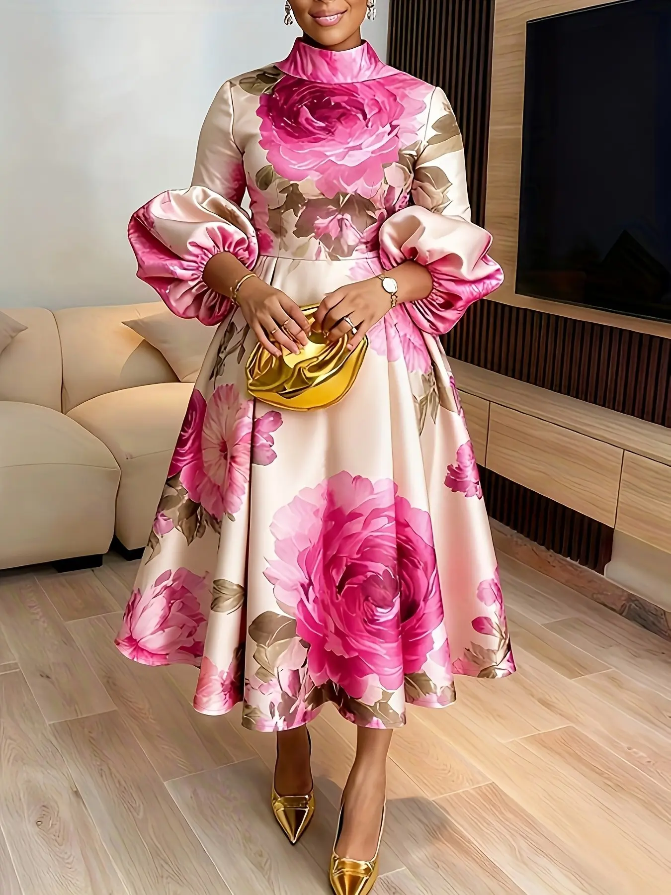 Elegant Chic Women's Floral Print Satin Dress, Vintage Style Bubble Sleeve Long Sleeve Maxi Gown, Formal Party Evening Wear, Floral Pattern Dress