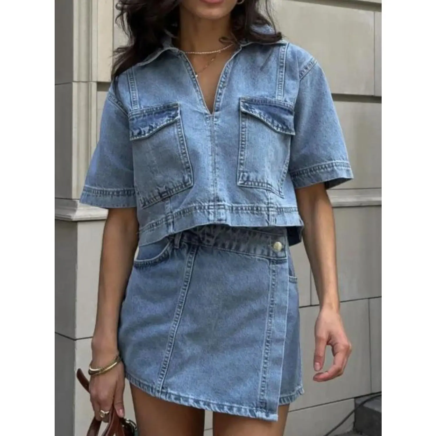 Johnny Collar Short Sleeve Top and Skort Denim Set