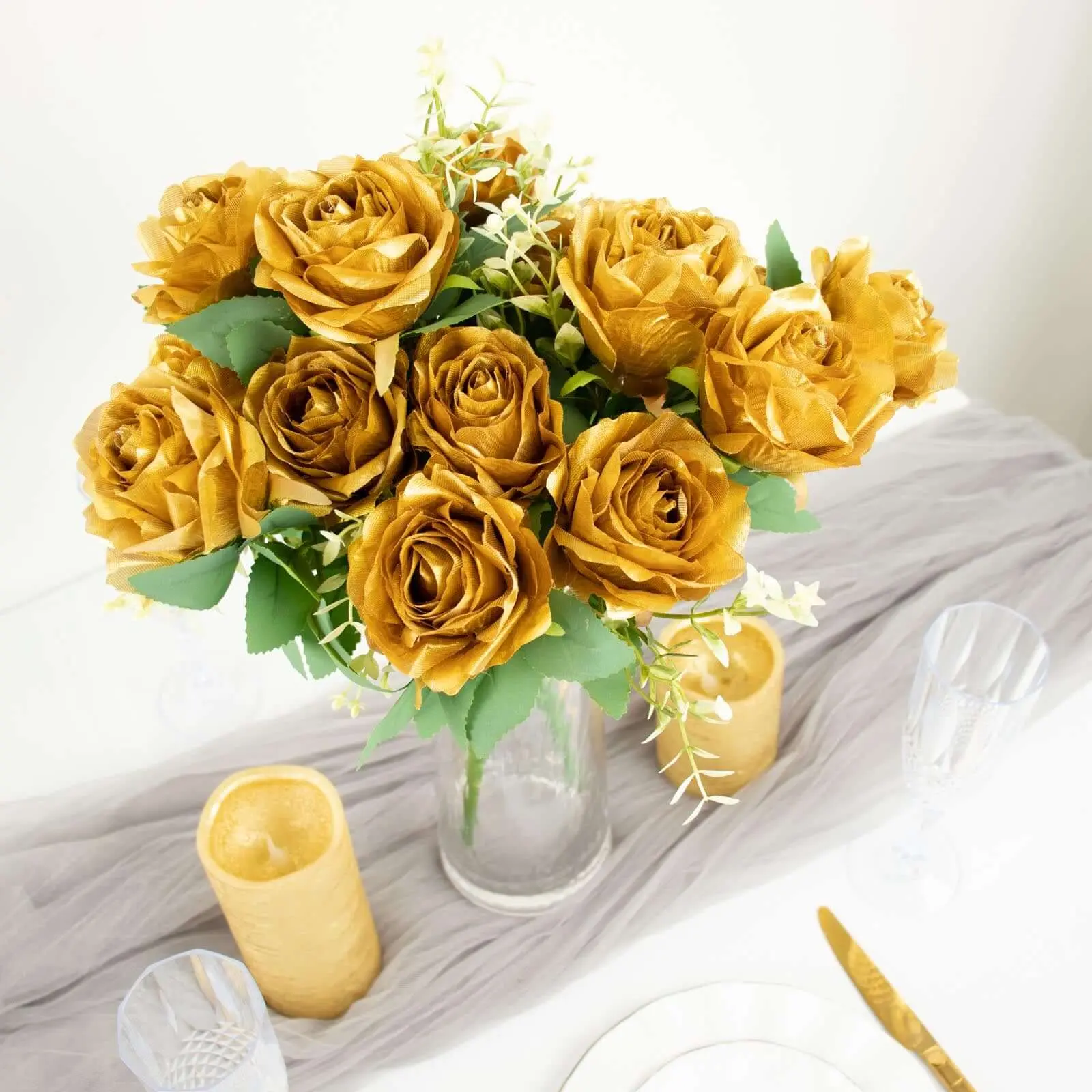 2 Pack 18" Gold Artificial Silk Rose Bouquets, Real Touch Floral Arrangements