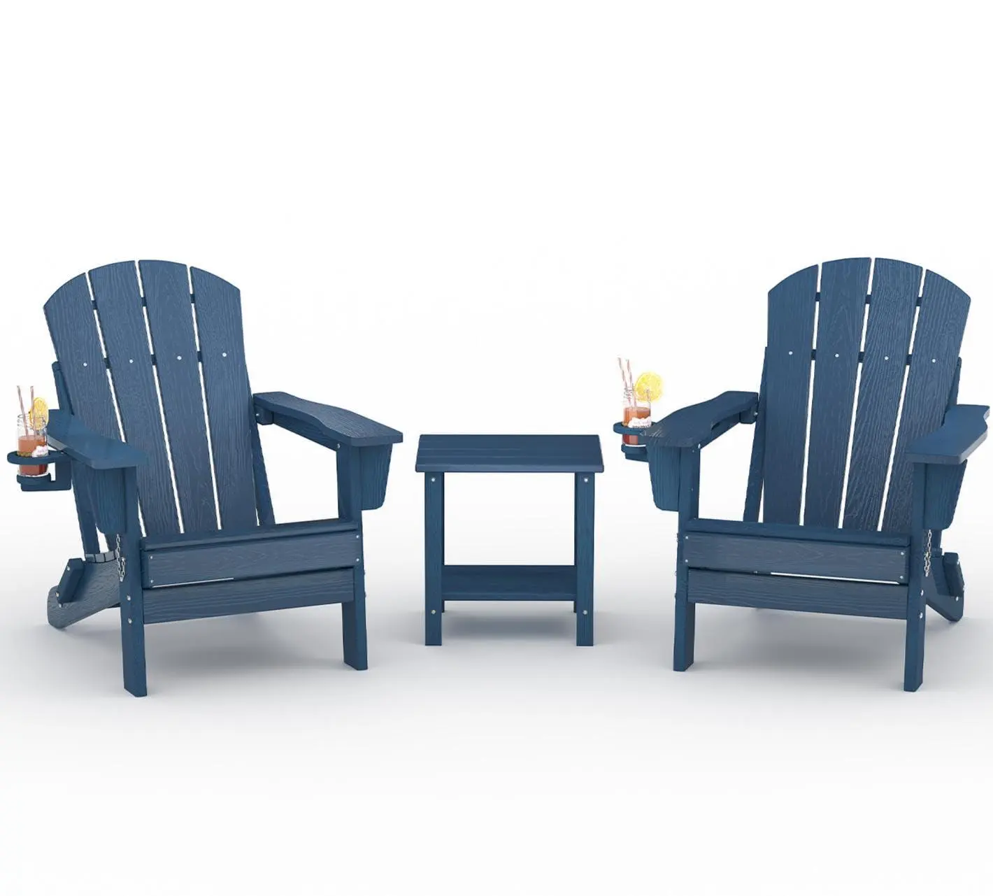 Gaomon Folding Adirondack Chair Set of 2 with Side Table, All-Weather HDPE Plastic Outdoor Chairs, Wooden Textured with Cup Holder & Wide Arms, for Patios, Gardens