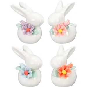 Amyhill 4 Pcs Bunny Figurine Decorations Mini Ceramic Rabbit Figurines Cute Porcelain Bunny Decor Spring Rabbit Ornament with Flowers for Summer Tabletop Centerpiece Office Room Home De