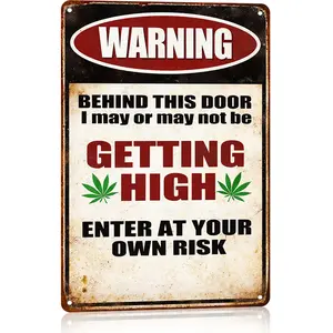 Vintage Aluminium Marijuana Metal Sign, Whimsical Lightweight Home Decor, 12x8 In Wall Plaque for Stoner Man Cave Gifts - Warning: Behind This Door I May Be High - Enter At Your Own Risk