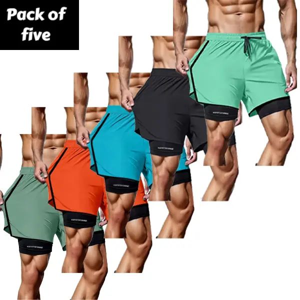 Men's 5-Pack Plain Drawstring Fitted Fitness Shorts Set - Elastic, Breathable, Durable Active Wear for Gym, Running - Knee Above, Faux 2-Piece, Great Value Flexible Bottoms (Do Not Dry Clean)