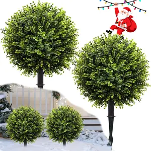 2 Pack Artificial Boxwood Balls for Outdoor Planters, 24'' UV Resistant Fake Plants Topiary Trees Shrub Bushes Cedar with Spike for Porch,Indoor,Garden Pathway Decoration