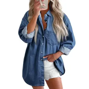Women's Casual Button Down Denim Shirt Long Sleeve Boyfriend Oversized Jean Jacket with Pockets