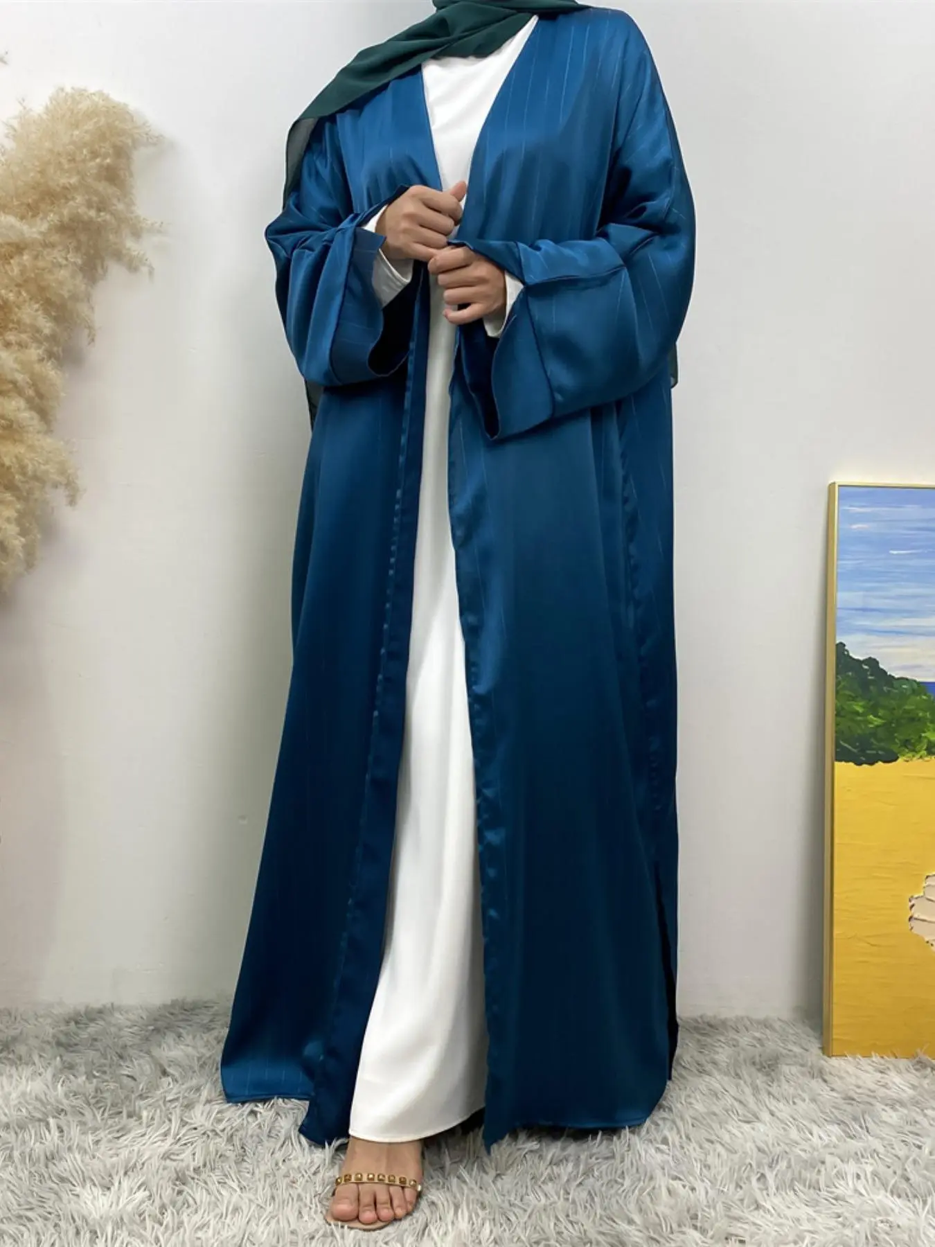 Women's Solid Batwing Sleeve Split Hem Abaya, Modest Long Sleeve Open Front Abaya for Daily Wear, Women's Islamic Clothing for Spring & Fall, Muslim Abaya Outer Robe