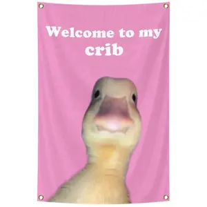 Welcome to My Crib Funny Flags Duck 2x3 Feet Bedroom Wall Art Tapestry for Family Dormitory Living Room with Four Brass Buckle Holes Pink Color