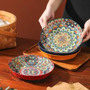 4 Pcs Boho Style Ceramic Material Dinner Plates, 8in Deep Dish, Glazed Luxury, Oven Microwave Safe, Perfect for Mother's Day, Home Decor