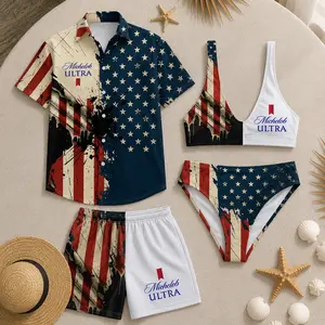 Ultra Matching Couple Swimwear Set - Patriotic American Flag Distressed Splatter Print Bikini Top & Bottom, Button Shirt Swim Trunks, High-Quality Polyester, Perfect Gift for Couples Summer Vacation
